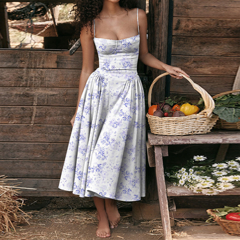 2025 cross-border independent station European and beautiful women's clothing, French elegant retro style, solid color slip dress, large swing dress woman