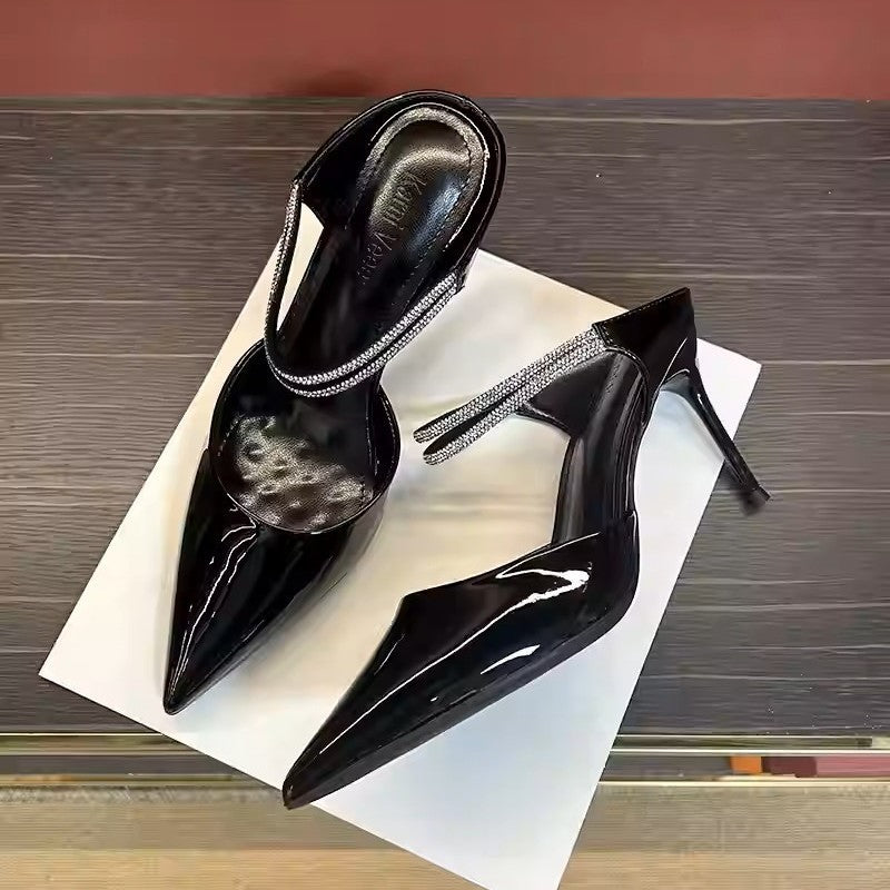 2026 autumn new pointed diamond belt high heels with stiletto heels female royal sister temperament wear sexy toe toe cool half slippers