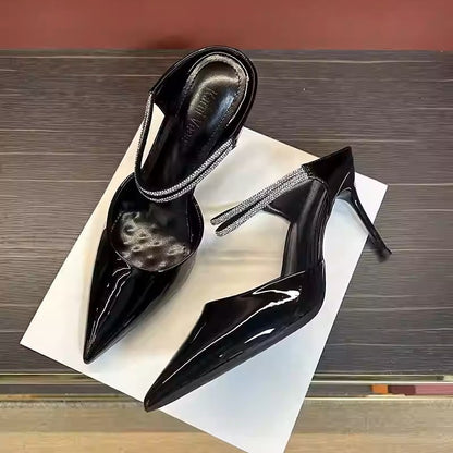 2026 autumn new pointed diamond belt high heels with stiletto heels female royal sister temperament wear sexy toe toe cool half slippers