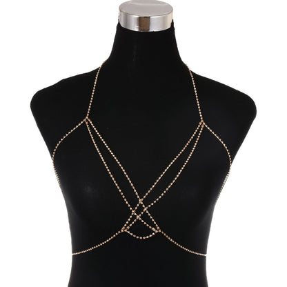 European and American cross-border jewelry, punk metallic, sexy diamond-encrusted chest bracelet, women's fashion nightclub, multi-layer rhinestone body chain