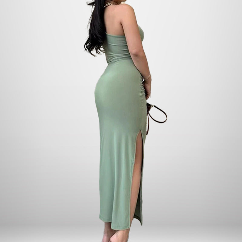 European and American style cross-border 2025 new slanted shoulder solid color slit sleeveless pure desire sexy temperament slim dress