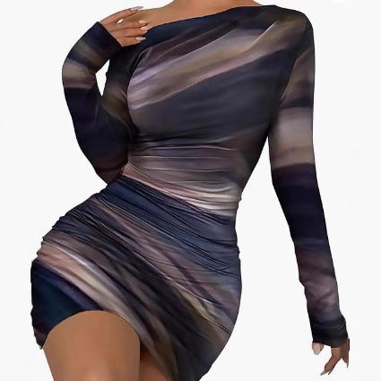 2025 Spring and Autumn, Europe, America, Amazon, cross-border foreign trade, new fashion, tie-dye, long sleeves, slim fit, hot girl dress, girl