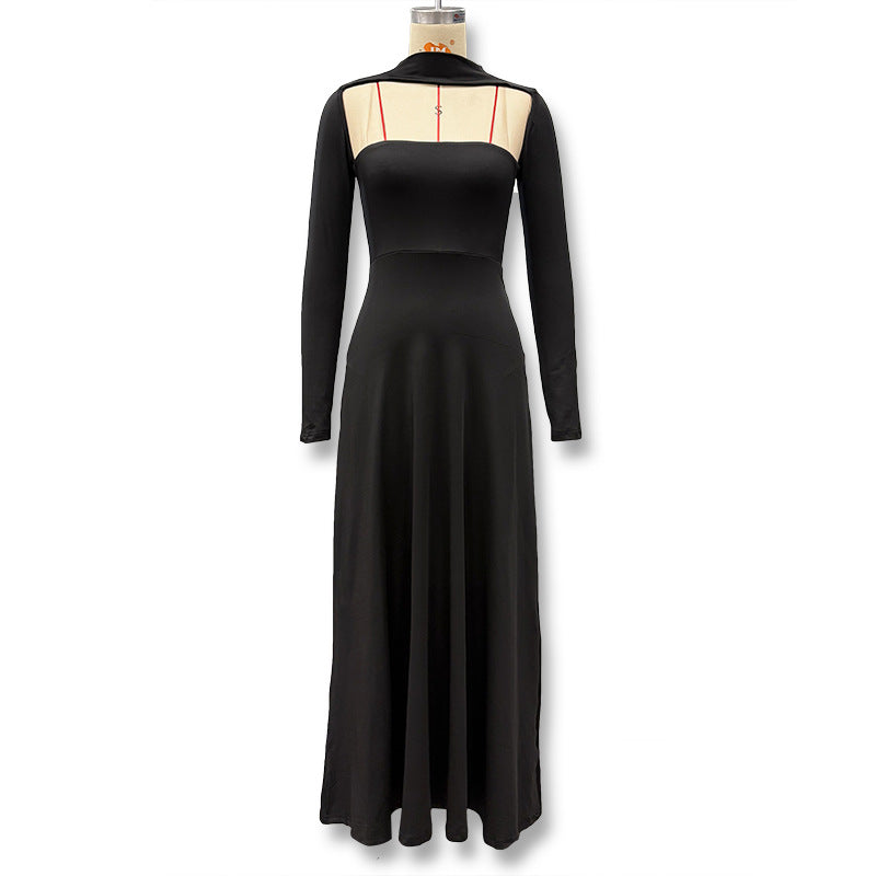 Foreign trade European beauty clothing autumn and winter new fashion solid color bandeau long sleeves waist slim temperament dress women