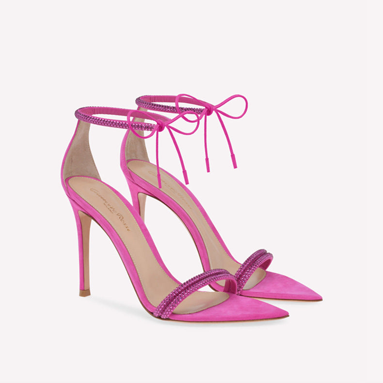 Cross-border pointed toe rhinestone stiletto heel high heel sandals strappy open toe high heels European and American style versatile spring new style