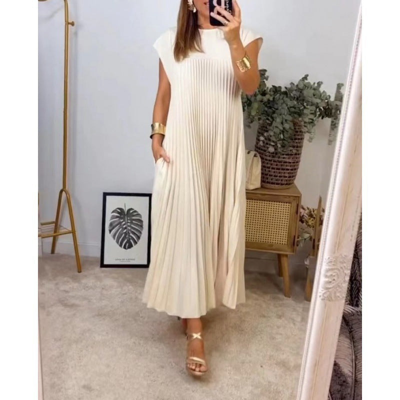 2026 Spring New Dress Cross-border European and American Clothing Elegant and Fashionable Crew Neck Sleeveless Pleated Long Dress