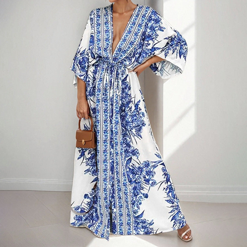 AliExpress 2025 spring cross-border new European and American clothing temperament sexy V-neck print strap-on big swing dress