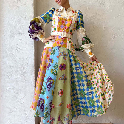 Cross-border Amazon 2026 AliExpress European and American clothing vintage printed lantern sleeves waist swing European and American dresses