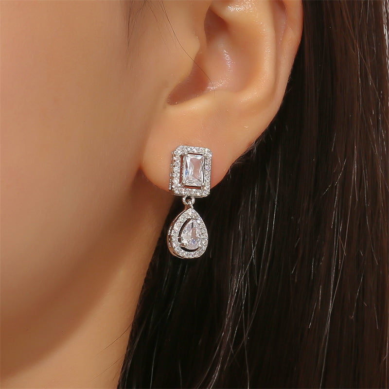 RAKOL European and American classic vintage light luxury geometric square earrings for women, exquisite and exquisite micro-inlaid waterdrop zircon earrings