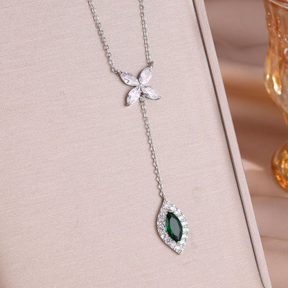 RAKOL Sweet Butterfly Copper Silver Plated Four-Leaf Clover Emerald Y-Shaped Necklace Light Luxury Diamond-Encrusted Tassel Pendant Wholesale