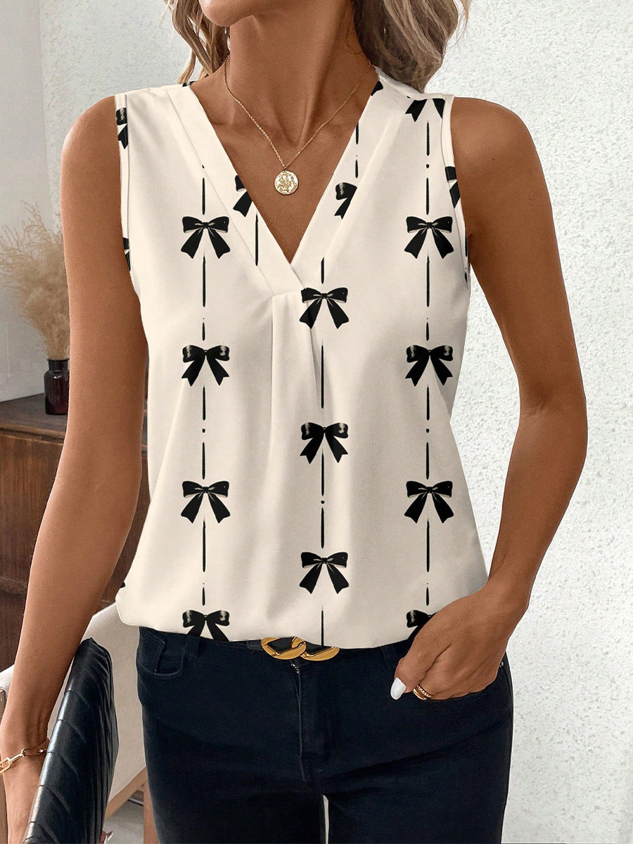EuroChic 2025 Women’s Bow Tie V-Neck Sleeveless Summer Blouse Top