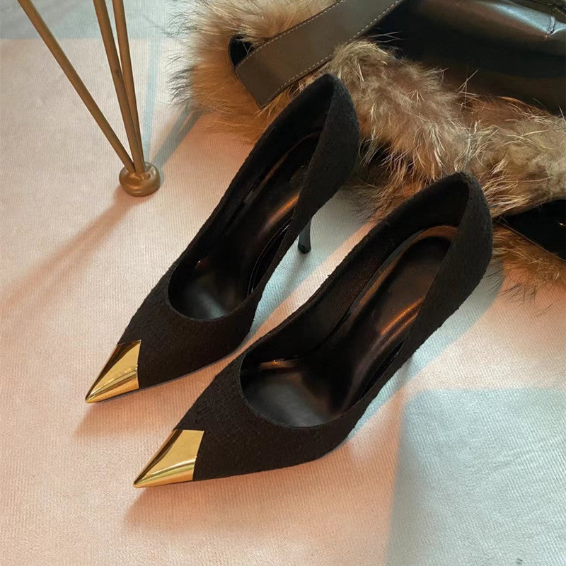 XD Huizhou City Autumn New Patent Leather Single Shoes Woolen Shoes Black Thin Heel European and American Fashion Temperament Metal Pointed Toe