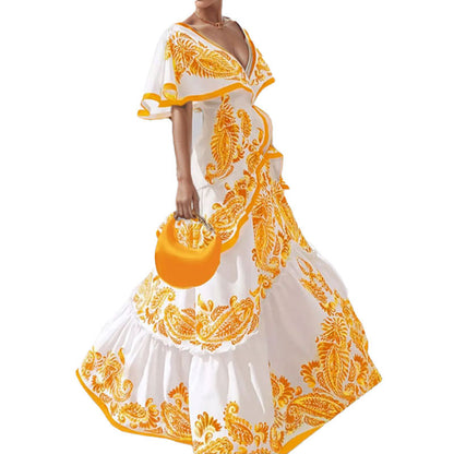 Spring 2026 new cross-border European and American clothing temperament elegant printed V-neck dress ruffled large swing dress