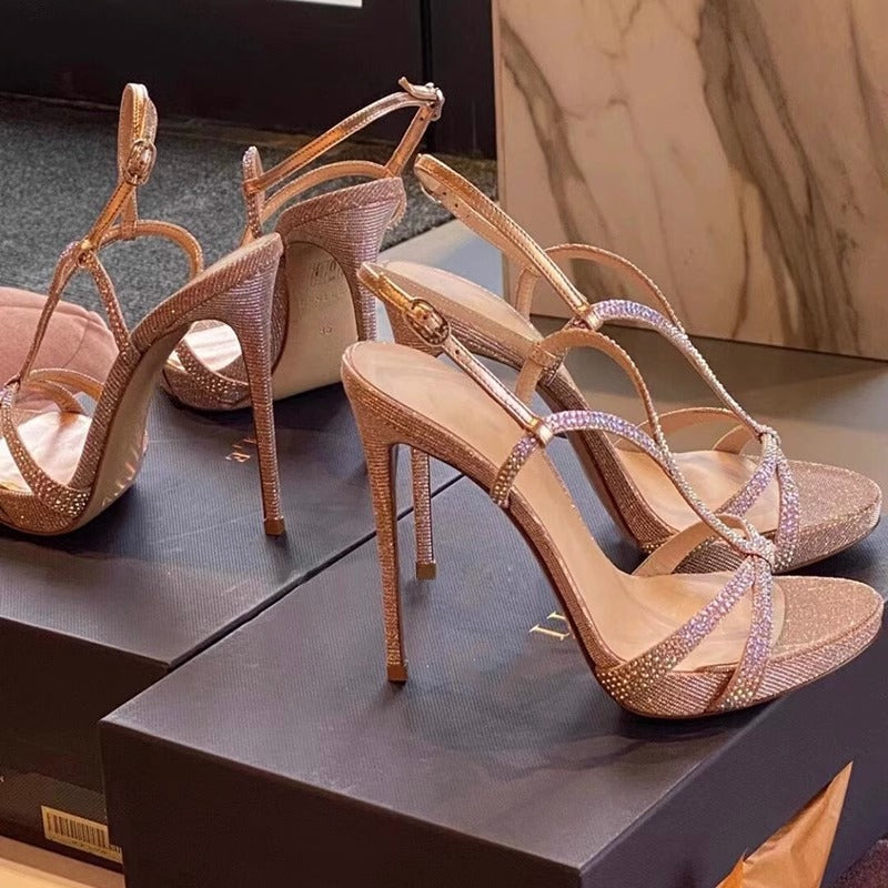 YX Waterproof Platform 2026 Summer New Open-toe Rhinestone Sexy One-Line High Heels Mermaid Thin Heel Sandals for Women