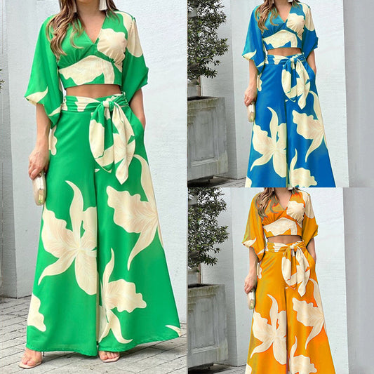 2026 Amazon European and American Women's V-neck lantern sleeves long sleeve short top wide-leg pants fashion suit women's two-piece set