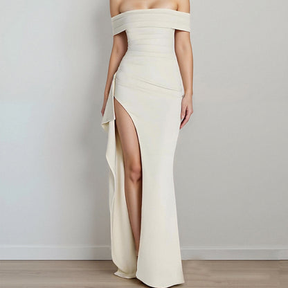 Cross-border 2025 summer new cross-border European and American fashion bandeau one-line collar backless backless long-sleeved solid color dress