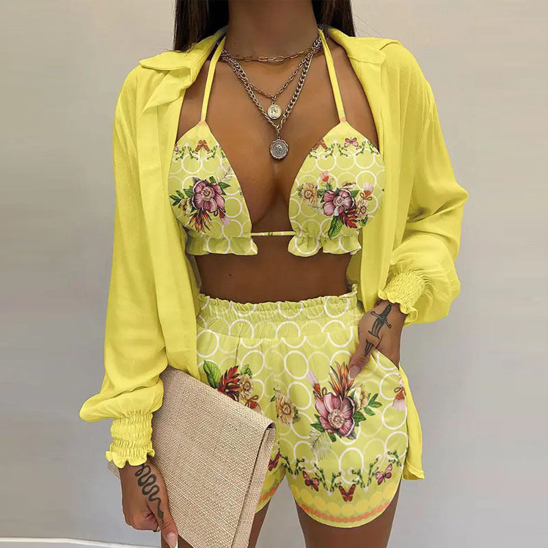 2026 Spring New European and American Cross-border Women's Sexy Printed Suisole Shirt Shorts Three-Piece Set Women