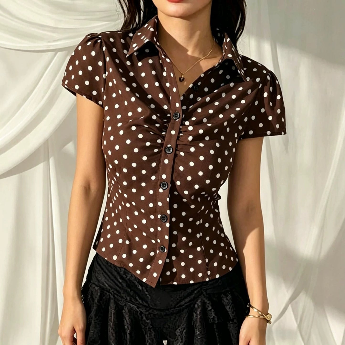 Cross-border European and American front-pleated short-sleeve striped women's shirt, slim and slimming, new versatile summer commuting style