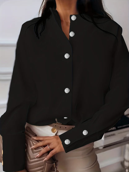 Cross-border 2023 autumn speed, European and American foreign trade, solid color, metal buckle, small stand-up collar, long sleeve shirt, female commuter, OL commuting