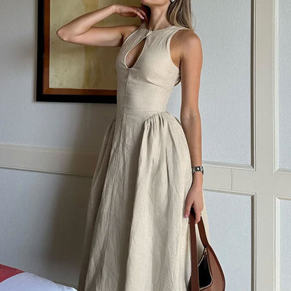 2025 Independent Station Summer New European and American Clothing Temperament Elegant and Fashionable Sleeveless High-Waisted Solid Color Dress 661