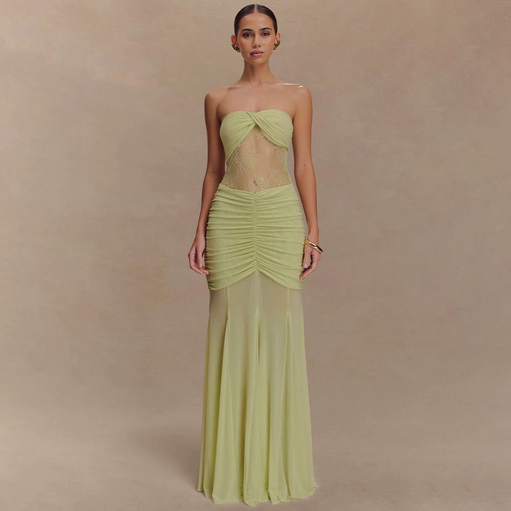 Cross-border 2025 new European and American clothing mesh spliced bandeau skirt temperament one-shoulder pleated see-through dress