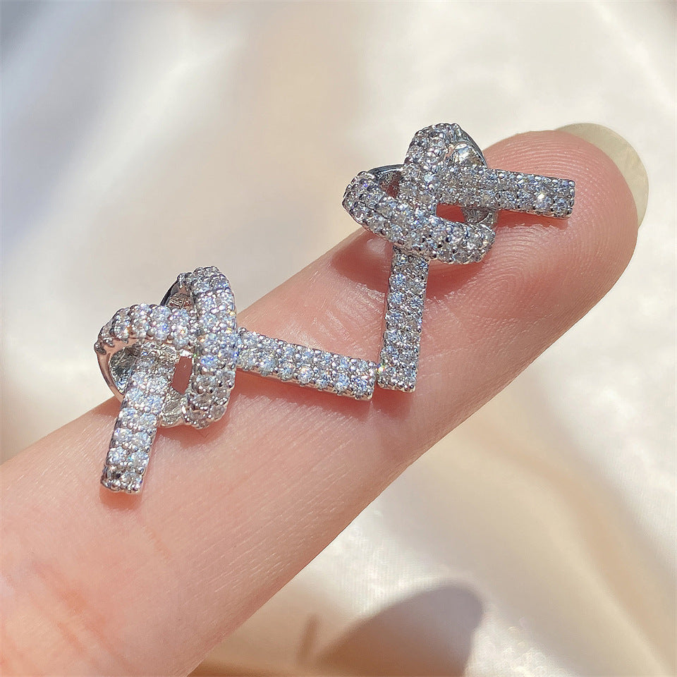 Exclusive for foreign trade, light luxury heart-shaped cord knots, zircon-filled earrings, simple silver micro-diamond-set women's earrings, Temu bestseller