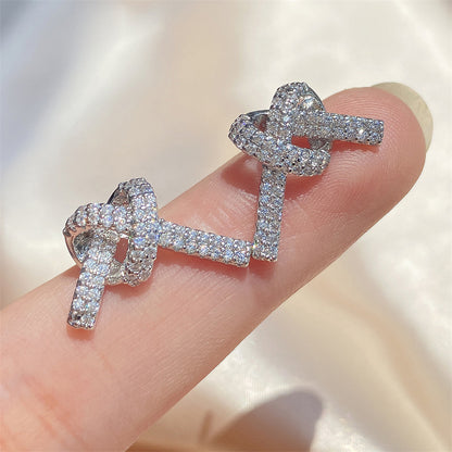 Exclusive for foreign trade, light luxury heart-shaped cord knots, zircon-filled earrings, simple silver micro-diamond-set women's earrings, Temu bestseller