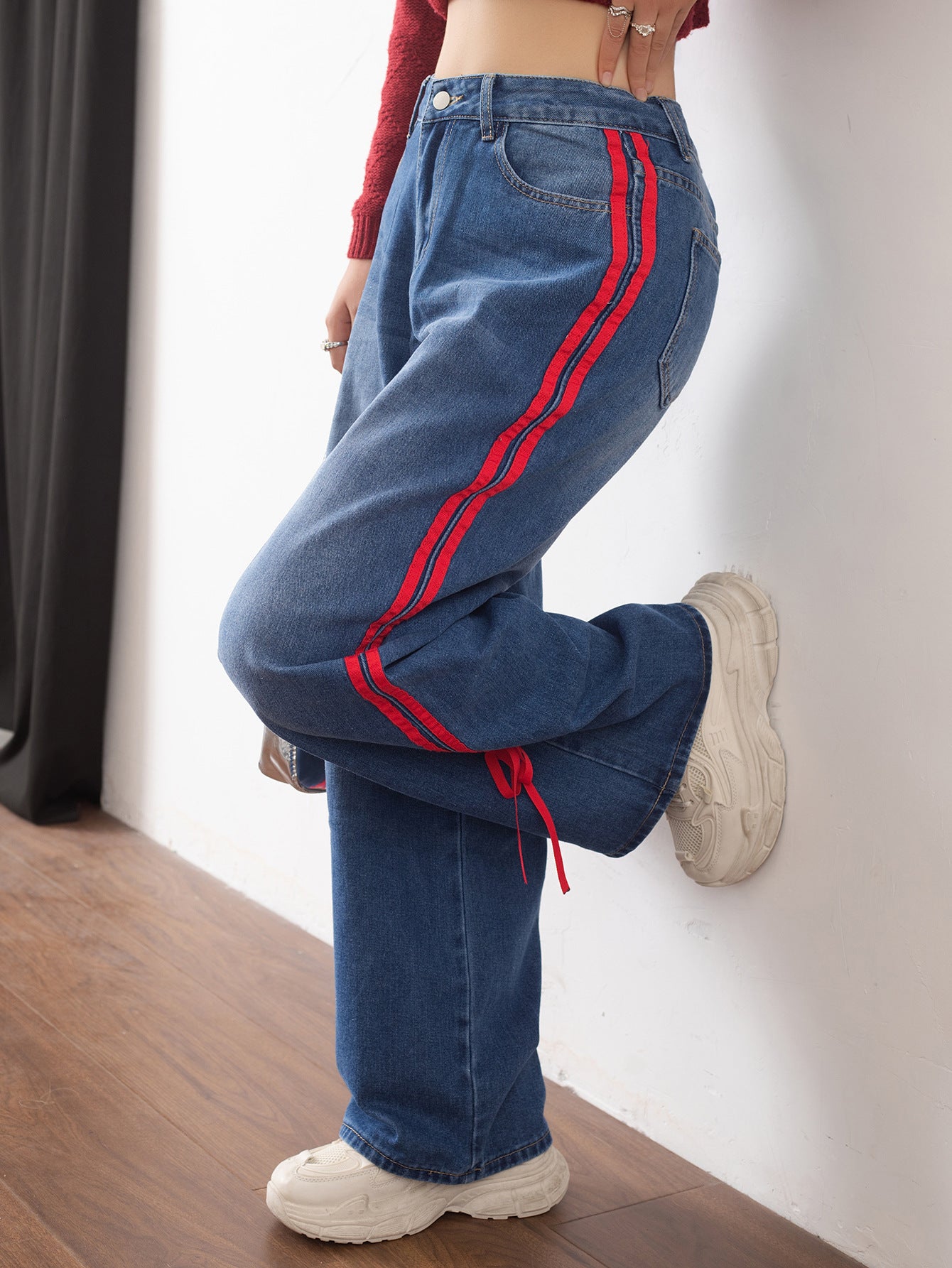 Women's denim trousers, American vintage red-edged webbing, versatile casual slimming straight-leg trousers, can be worn in all seasons