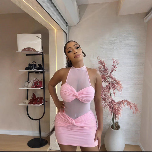 Cross-border European and American women's autumn new solid color sleeveless halterneck sexy see-through mesh splicing hip-hugging dress for women