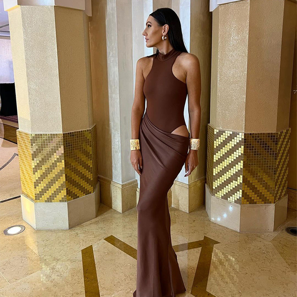 Cross-border European and American women's clothing 2025 spring/summer new solid color turtleneck sexy sleeveless cut-out splicing hip-hugging dress for women