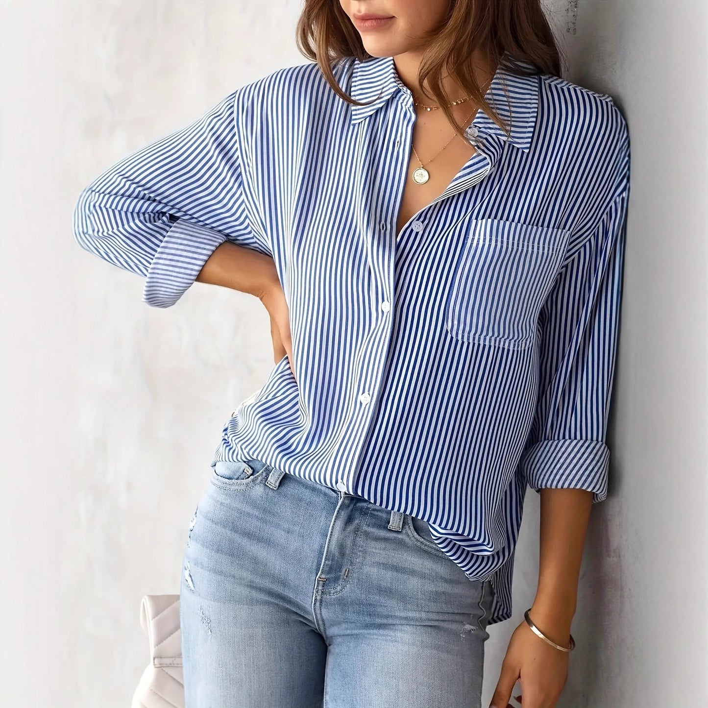 European and American Fall 2023 Amazon Striped Cardigan Top Loose Long Sleeve Shirt Women's Striped Long Sleeve Shirt