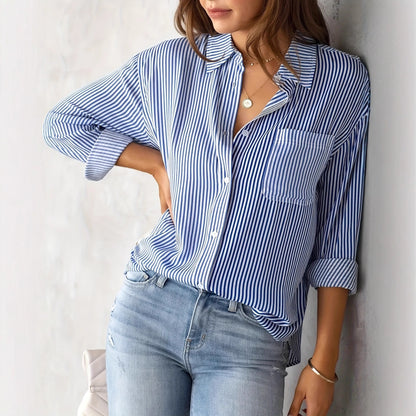 European and American Fall 2023 Amazon Striped Cardigan Top Loose Long Sleeve Shirt Women's Striped Long Sleeve Shirt