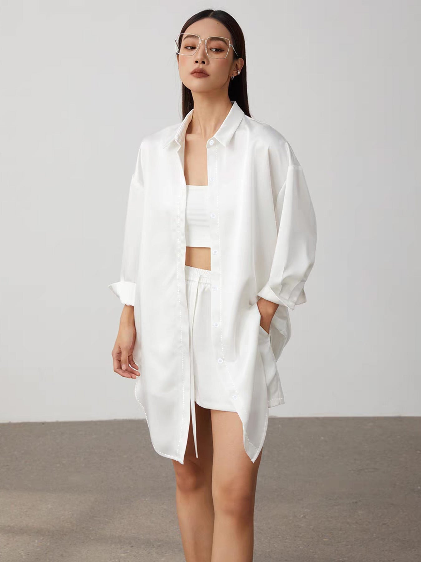 European and American cross-border new long-sleeved minimalist women's shirt long-sleeved lapel versatile loose long top shirt