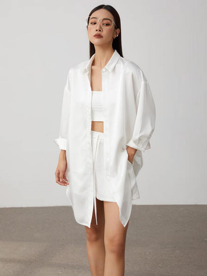 European and American cross-border new long-sleeved minimalist women's shirt long-sleeved lapel versatile loose long top shirt