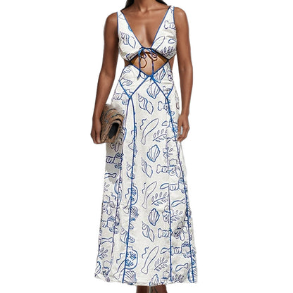 2025 Amazon European and American Women's French Style Sundress Temperament Print Casual Tie Waistless Sexy Dress