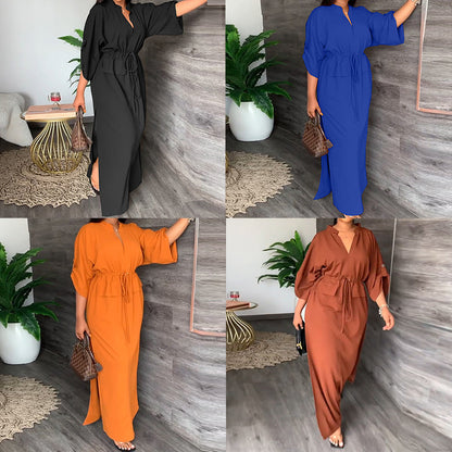 2026 New Amazon European and American Clothing Temperament V-neck solid color lace-up waist loose casual casual plus size dress