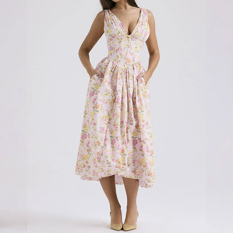 Amazon 2025 European and American women's summer new temperament commuter solid color V-neck sundress midi dress