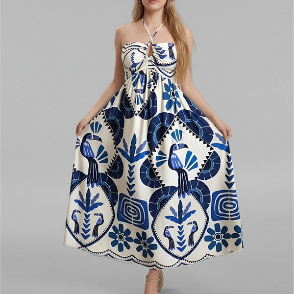 2026 spring new independent station European and beautiful clothing temperament elegant printed hollow large swing halterneck strap dress