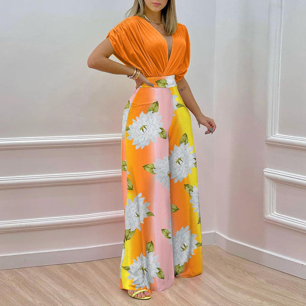 2026 Spring New European Women's Clothing ins Temperament V-Neck Print Wide-leg Pants Fashion Casual Suit Women's 661