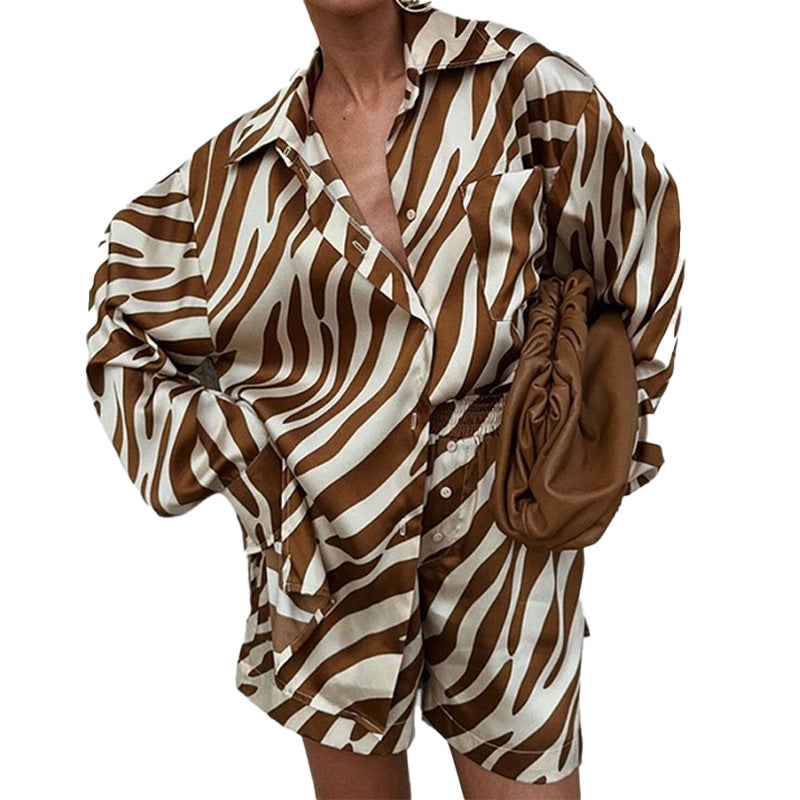 2026 Spring Independent Station European and American cross-border women's shirt tops shorts printed fashion casual shirt two-piece set