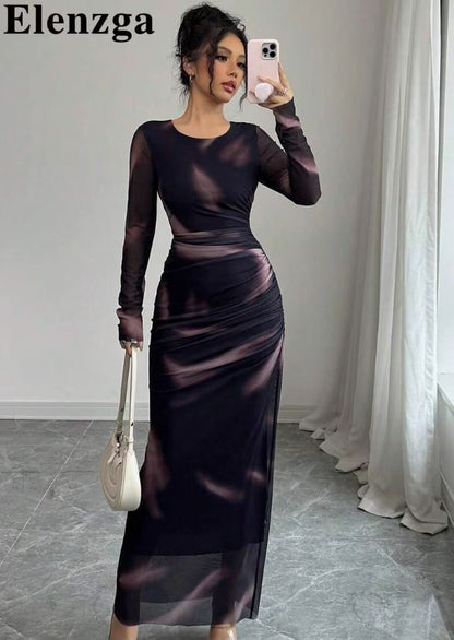 Elegante saia degradê com franzido em tule, modelo 2025, justa e de manga comprida, para a primavera e verão.