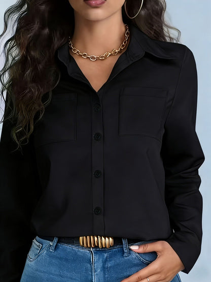 European and American elegant women's cross-border four-season cross-border pocket loose long-sleeve lapel shirt top