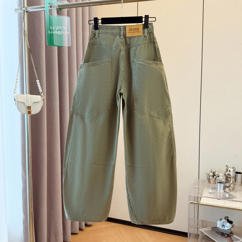 Khaki, American military green, design with large pockets, scimitar jeans, women's floor-length wide-leg trousers, extended mid-pants