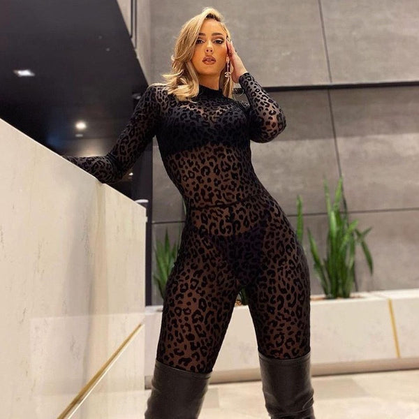 Cross-border autumn and winter explosive hot girl see-through jumpsuit European and American flocked long sleeves sexy slim hip coverall - view 2 | Ciaura
