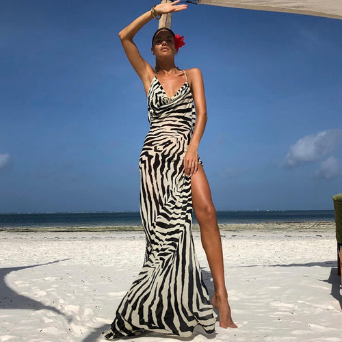 Cross-border 2025 summer new European and American fashion resort style fashion zebra pattern sexy backless halterneck dress for women