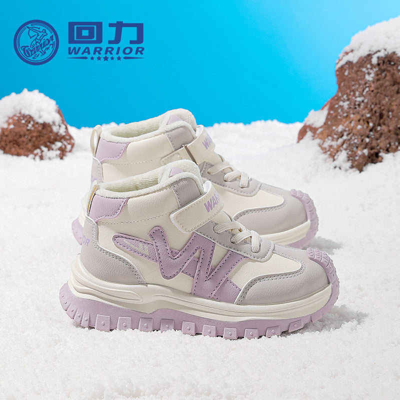 Huili fashion and versatile color-blocking two cotton shoes, children's Velcro, easy to put on and take off, casual sneakers, fleece warm shoes