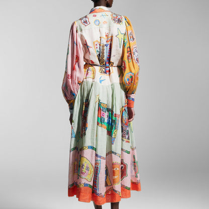 Cross-border Amazon 2026 AliExpress European and American clothing vintage printed lantern sleeves waist swing European and American dresses