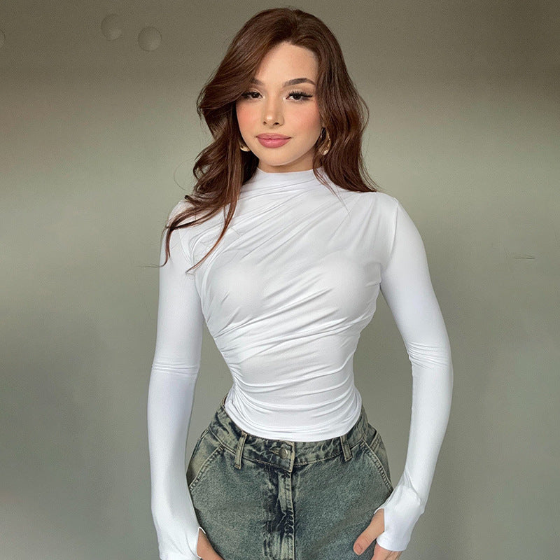 Cross-border European and American women's autumn new solid color slim long-sleeved base top, sexy hot girl pleated tight T-shirt