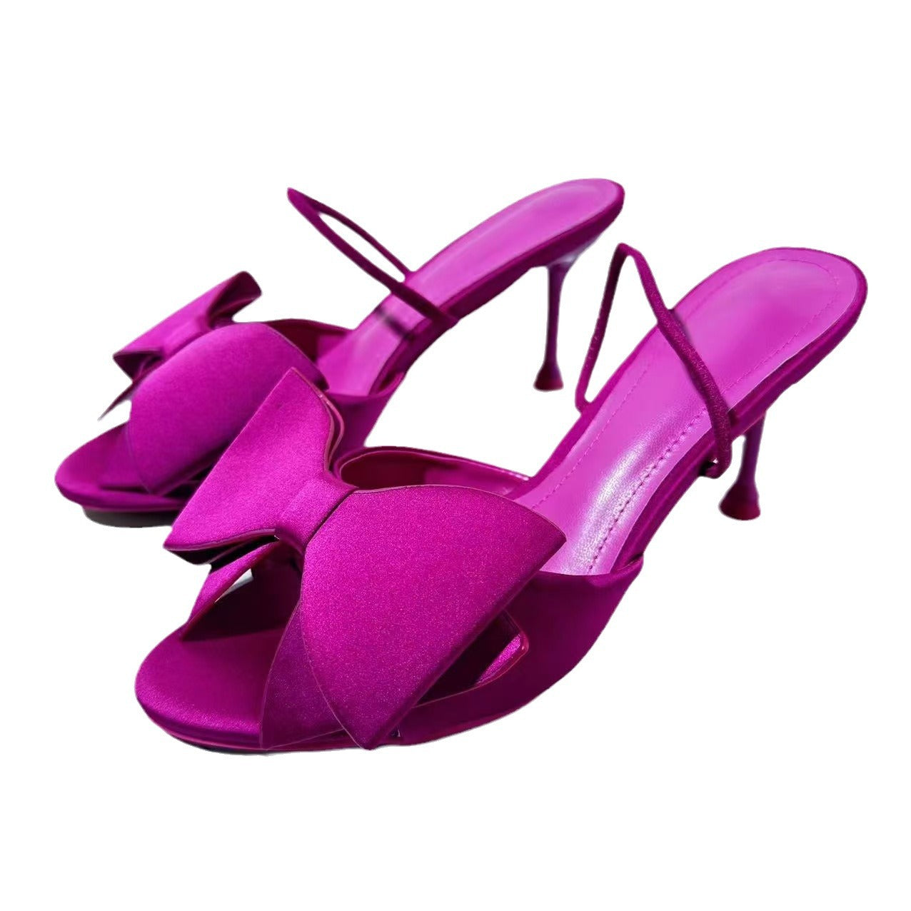 ZA2024 verão Novo Salto Alto Sapatos Femininos Seda Cetim Salto Fino Arco Enfeitado Sandálias Mule Rosa Vermelho Dedo Aberto Sapatos Femininos