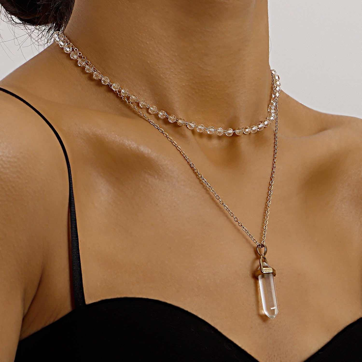 European and American cross-border jewelry fashion simple prismatic hexagonal column pendant necklace women's transparent glass bead chain necklace