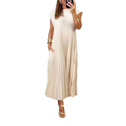 2026 Spring New Dress Cross-border European and American Clothing Elegant and Fashionable Crew Neck Sleeveless Pleated Long Dress